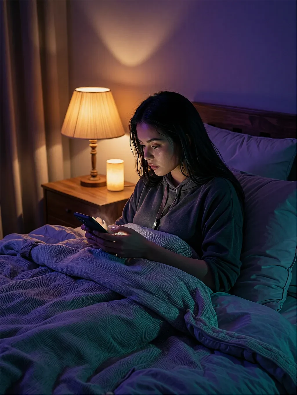 Fictional adult AI character in a dim room behind the age gate